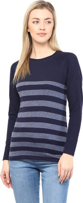 

Hypernation Striped Women's Round Neck Blue, Grey T-Shirt, Navy