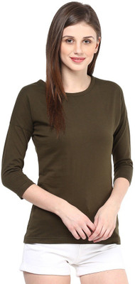 

Hypernation Solid Women' Round Neck Green T-Shirt, Military green