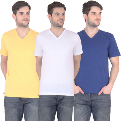 

E'Hiose Solid Men' V-neck Multicolor T-Shirt(Pack of 3, Blue;white;yellow