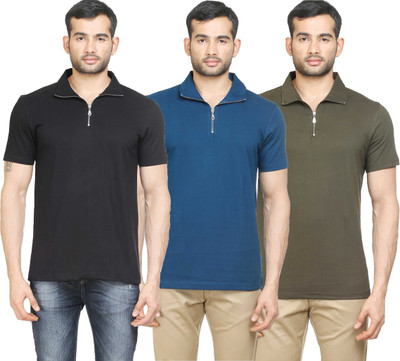 

Poshuis Solid Men's Polo Neck Black, Blue, Dark Green T-Shirt(Pack of 3, Black;military green;petrol blue