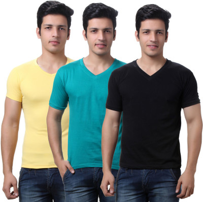 

TeeMoods Solid Men's V-neck Black, Yellow, Green T-Shirt(Pack of 3), Black;sea green;yellow