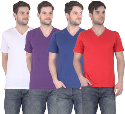

FnMe Solid Men's V-neck Multicolor T-Shirt(Pack of 4, Blue;purple;red;white