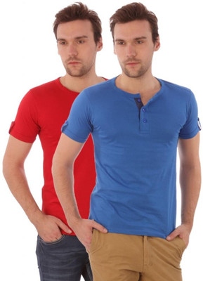 

Campus Sutra Solid Men Henley Red, Blue T-Shirt(Pack of 2, Red;royal blue