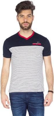 

Mufti Striped Men's V-neck White, Blue T-Shirt