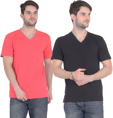 

E'Hiose Solid Men' V-neck Multicolor T-Shirt(Pack of 2, Black;carrot