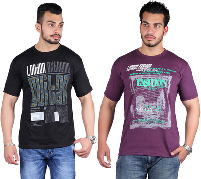 

Shineway Printed Men's Round Neck Multicolor T-Shirt(Pack of 2, Black;voilet