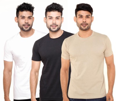 Fleximaa Solid Men Round Neck White, Black, Beige T-Shirt