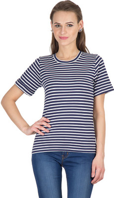 Hypernation Striped Women' Round Neck Blue, White T-Shirt, Navy blue;white