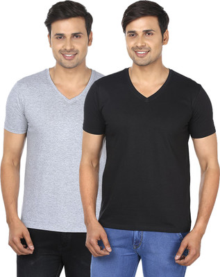 

FM Fashionmania Solid Men's V-neck Grey, Black T-Shirt(Pack of 2, White