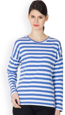 

Hypernation Striped Women's Round Neck Blue, White T-Shirt