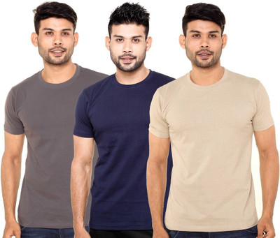 Fleximaa Solid Men Round Neck Blue, Grey, Beige T-Shirt