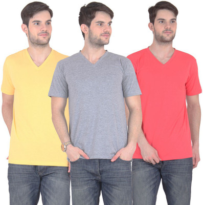 

FnMe Solid Men' V-neck Multicolor T-Shirt(Pack of 3, Carrot;grey;yellow