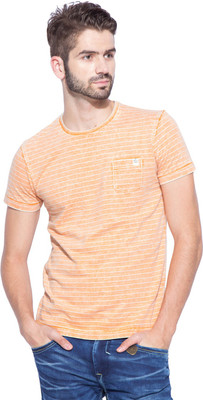 

Mufti Striped Men's Round Neck Pink, White T-Shirt, Peach