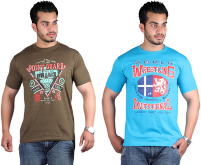 

Shineway Printed Men's Round Neck Multicolor T-Shirt(Pack of 2, Coffee;turquoise