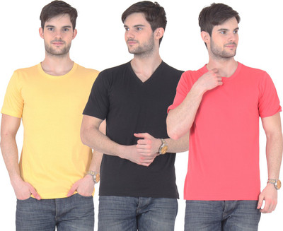 

E'Hiose Solid Men' V-neck Multicolor T-Shirt(Pack of 3, Black_v;gajri_r;yellow_r