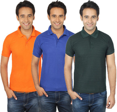 

Quetzal Solid Men's Polo Neck Multicolor T-Shirt(Pack of 3, Blue;green;orange
