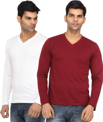 

Leana Solid Men' V-neck White, Maroon T-Shirt(Pack of 2, Maroon;white