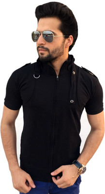 

Tees Collection Solid Men's Flap Collar Neck Black T-Shirt