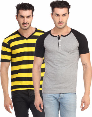 Leana Striped Men' Henley Multicolor T-Shirt(Pack of 2