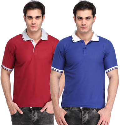 

Lime Solid Men' Polo Neck Blue, Maroon T-Shirt(Pack of 2