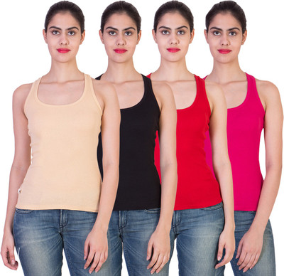 

2 Day Solid Women's Round Neck Multicolor T-Shirt(Pack of 4), Black;fushia;red;skin