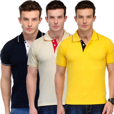 

Scott International Solid Men's Polo Neck Dark Blue, Yellow, Beige T-Shirt(Pack of 3, Dark blue and yellow and beige