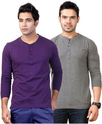 Top Notch Solid Men Henley Purple, Grey T-Shirt(Pack of 2)