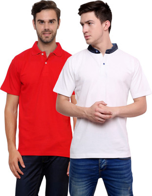 

Lemon & Vodka Solid Men' Mandarin Collar Red, White T-Shirt(Pack of 2