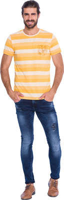 

Mufti Striped Men's Round Neck Yellow T-Shirt