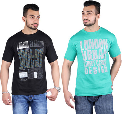 

Shineway Printed Men's Round Neck Multicolor T-Shirt(Pack of 2, Black;green