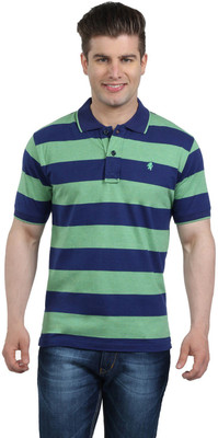 The Cotton Company Striped Men' Polo Neck Blue, Green T-Shirt