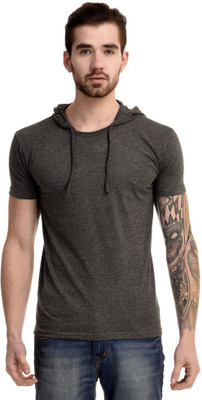 Mi Moda Solid Men's Hooded Grey T-Shirt, Anthra milange
