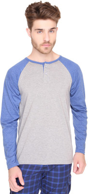 

SayItLoud Solid Men's Henley Grey, Blue T-Shirt, Grey melange;royal blue melange