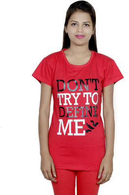 IndiWeaves Girls Printed Cotton T Shirt(Red, Pack of 1)