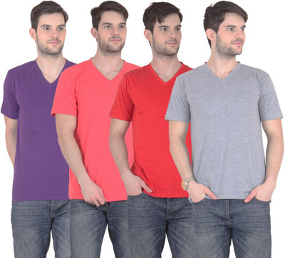 E'Hiose Solid Men's V-neck Multicolor T-Shirt(Pack of 4, Carrot;grey;purple;red