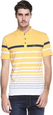 

Octave Striped Men's Mandarin Collar Orange T-Shirt, Mango