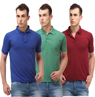 

Lime Solid Men's Polo Neck Blue, Green T-Shirt(Pack of 3