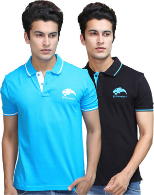 

Catamont Solid Men's Polo Neck Black, Blue T-Shirt(Pack of 2, Hawaiin blue;midnight black