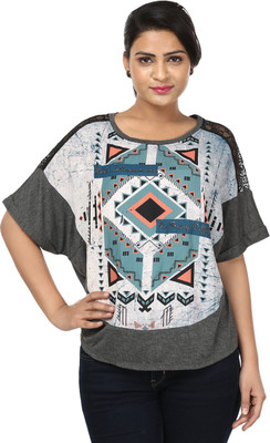 

Raw Designs Printed Women's Scoop Neck Grey T-Shirt, Simple grey;trendy blue
