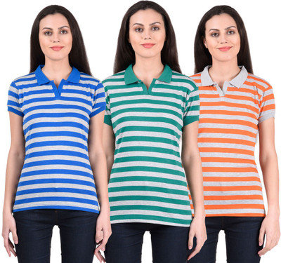 

NumBrave Striped Women's Polo Neck Blue, Green, Orange T-Shirt(Pack of 3