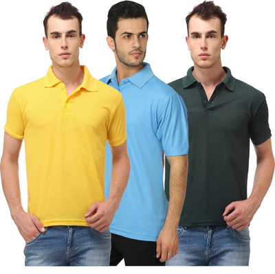 

Lime Solid Men's Polo Neck Yellow, Light Blue T-Shirt(Pack of 3