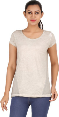 

Hoodz Solid Women's Round Neck Beige T-Shirt, Nude-beige