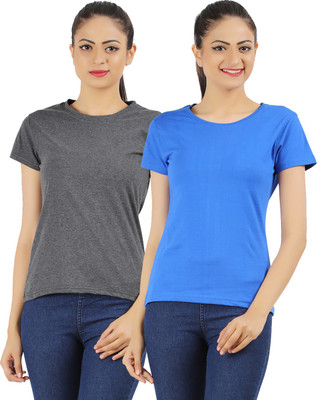 

Ap'pulse Solid Women's Round Neck Grey, Blue T-Shirt(Pack of 2)