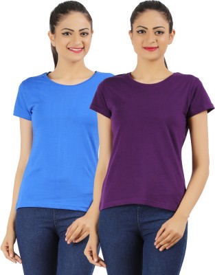 Ap'pulse Solid Women Round Neck Purple, Blue T-Shirt