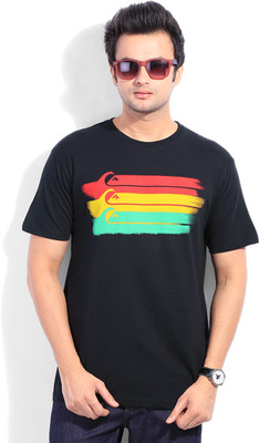 Quick Silver Printed Men's Round Neck Black T-Shirt, Kvj0