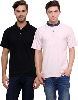

Lemon & Vodka Solid Men' Mandarin Collar Black, Pink T-Shirt(Pack of 2