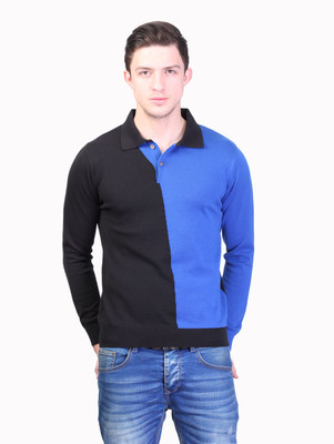 

Kalt Self Design Men Polo Neck Blue T-Shirt, Black;cobalt