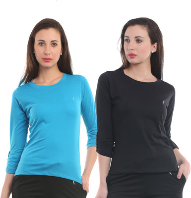

Ultra Fit Solid Women's Round Neck Black, Blue T-Shirt(Pack of 2), Black;skyblue