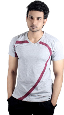 

Spur Self Design Men's V-neck Grey T-Shirt, Melange