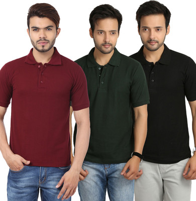 

Weardo Solid Men's Polo Neck Black, Green, Maroon T-Shirt(Pack of 3, Black;bottle green;maroon